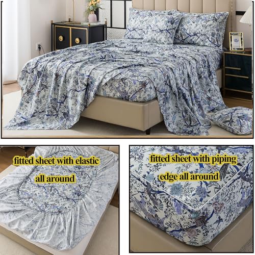Image of FADFAY Sheets Set King Botanical Bird Floral Bed Sheets Set Vintage Blue Farmhouse Bedding Shabby Branches Bedding Collections 100% Egyptian Cotton Breathable Soft 17.7 inch Deep Pocket 4Pcs, King Size