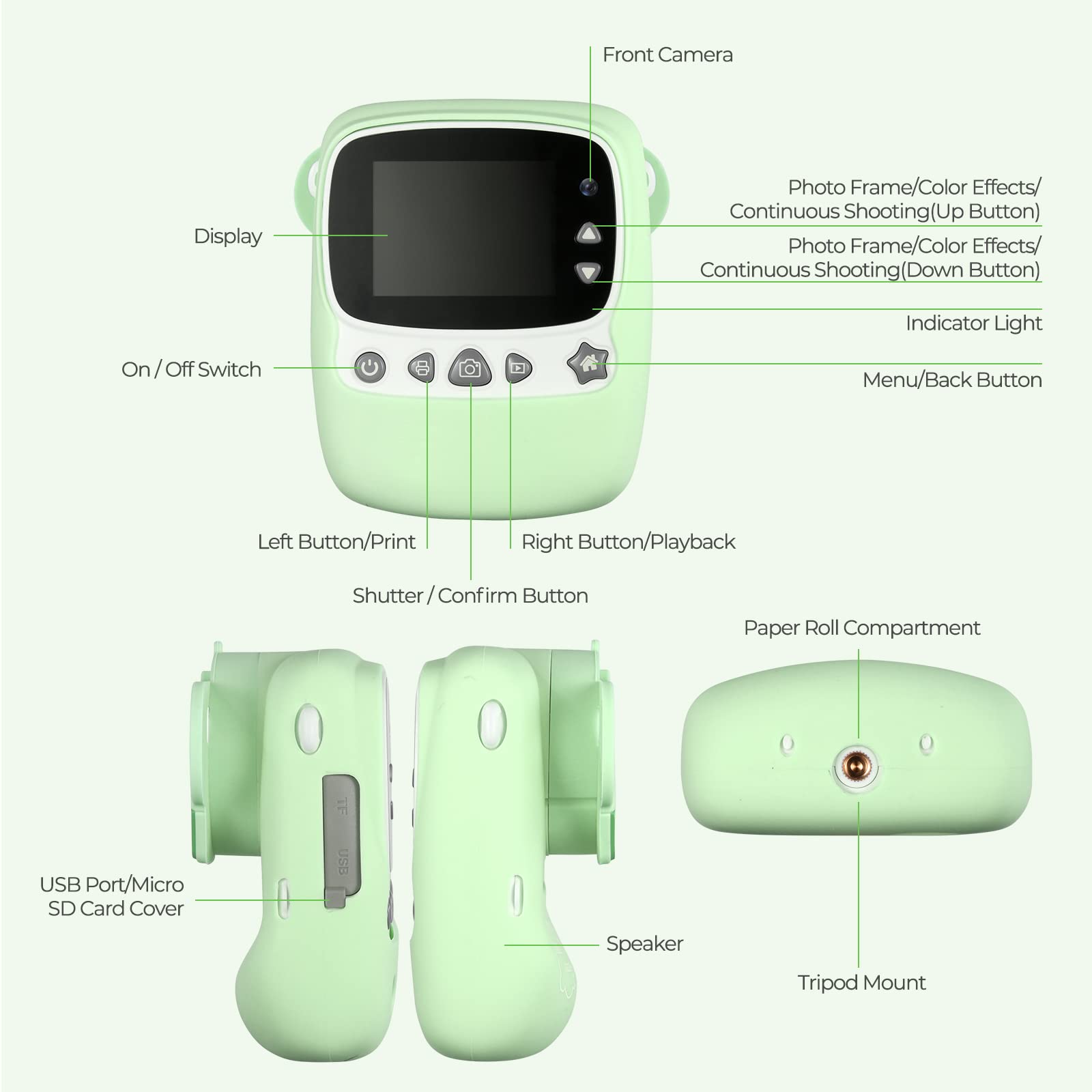 Cámara Infantil, 30 MP, cámara instantánea para niños, impresión en Blanco y Negro, Foto con Pantalla de 1080P de 2,4 Pulgadas, cámara Digital para niños con Tarjeta TF de 32 G, Doble cámara, Verde