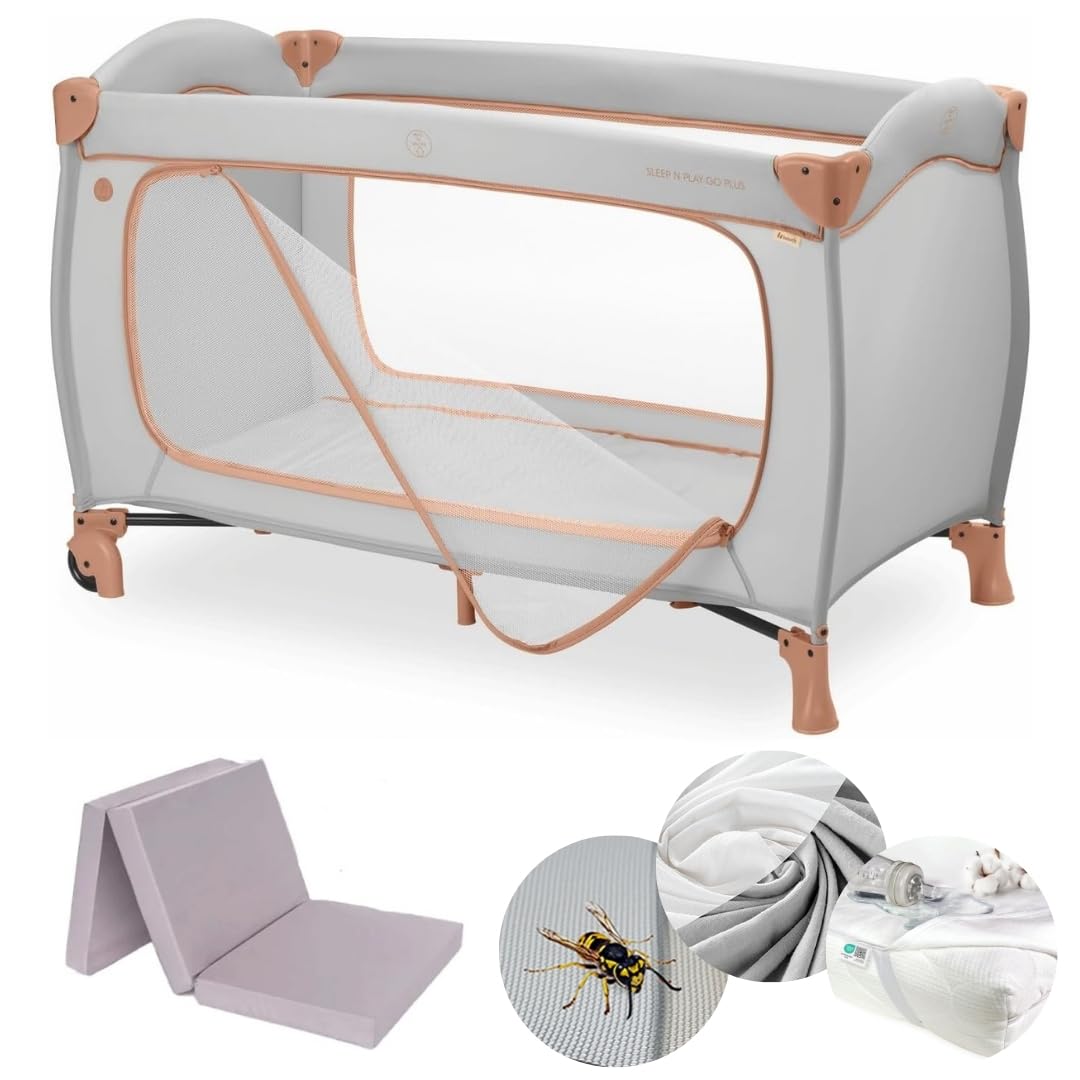 hauck Kinderreisebett Sleep N Play Go Plus XXL-Set – inkl. Matratze, Spannbettlaken, Insektenschutz & wasserdichter Betteinlage – faltbares Babyreisebett – Dusty Cork