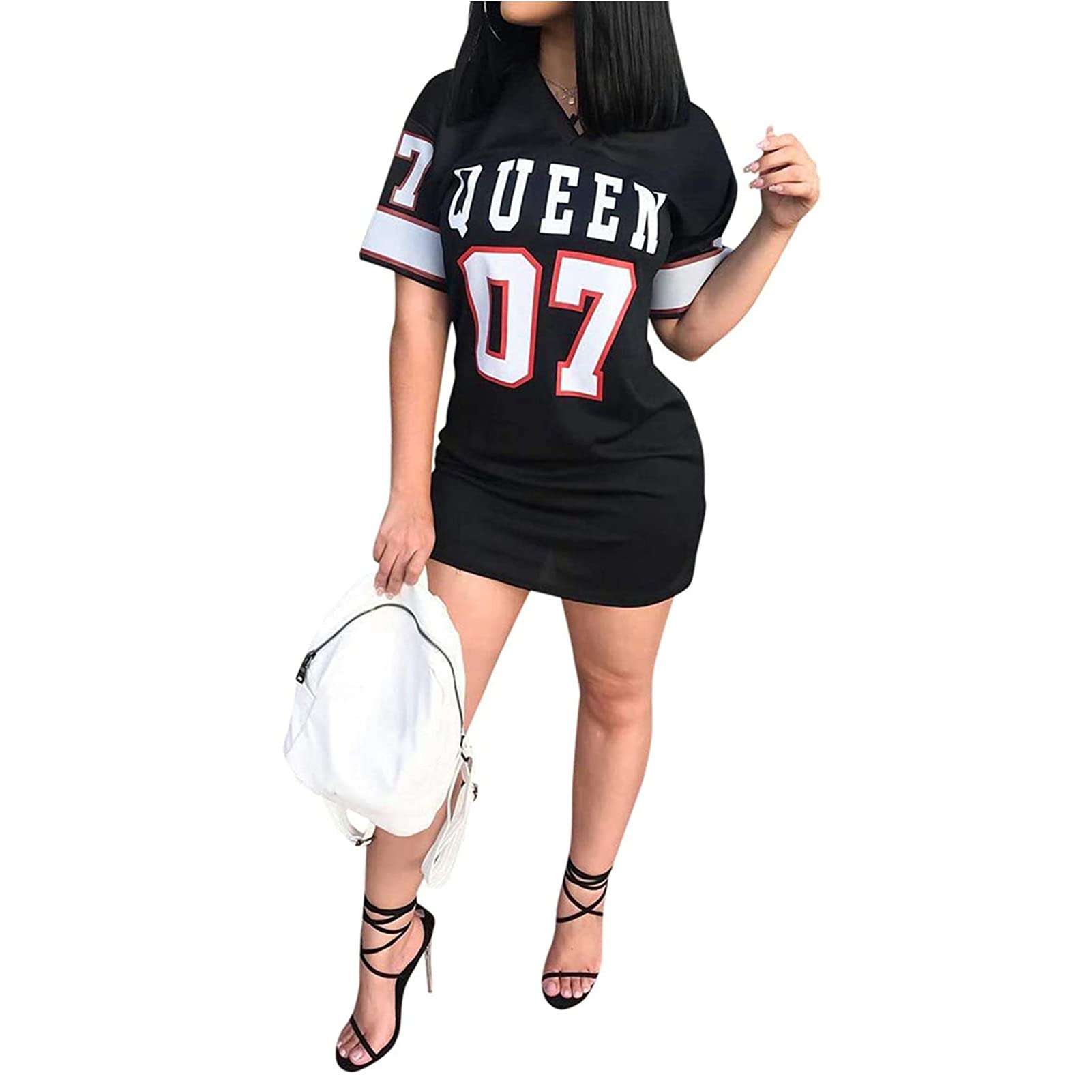 Women's Fashion Sexy V Neck Queen Letter Printed Package Dress Casual Hip Hop Short Sleeve Mini Dresses