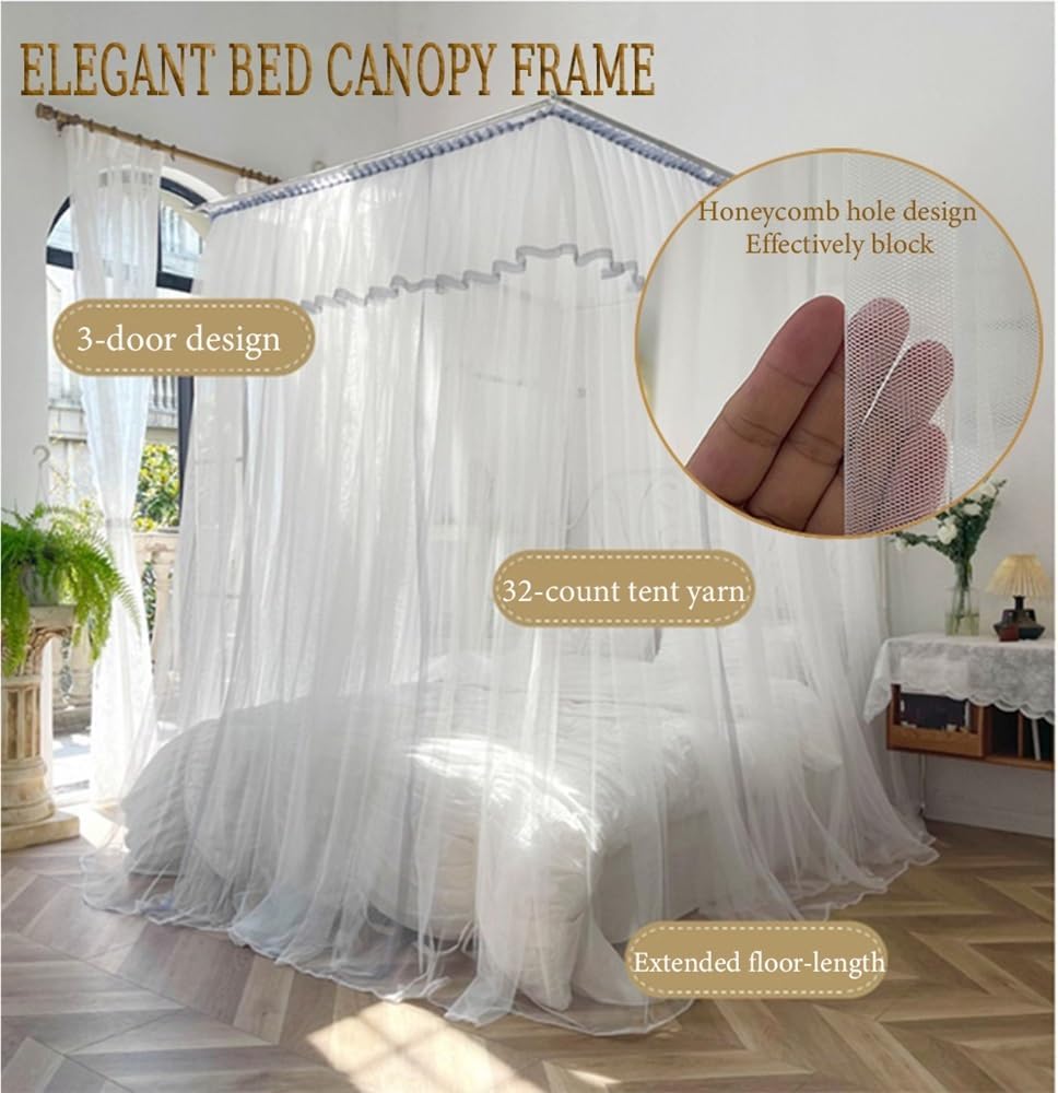 Adjustable Elegant Bed Canopy Frame Set, Privacy Lace Bed Canopy Set with Metal Frame, Bedroom Canopy Curtains, Retractable Bedroom Decoration, Screen Netting Canopy Curtains(5.9ft*6.6ft)