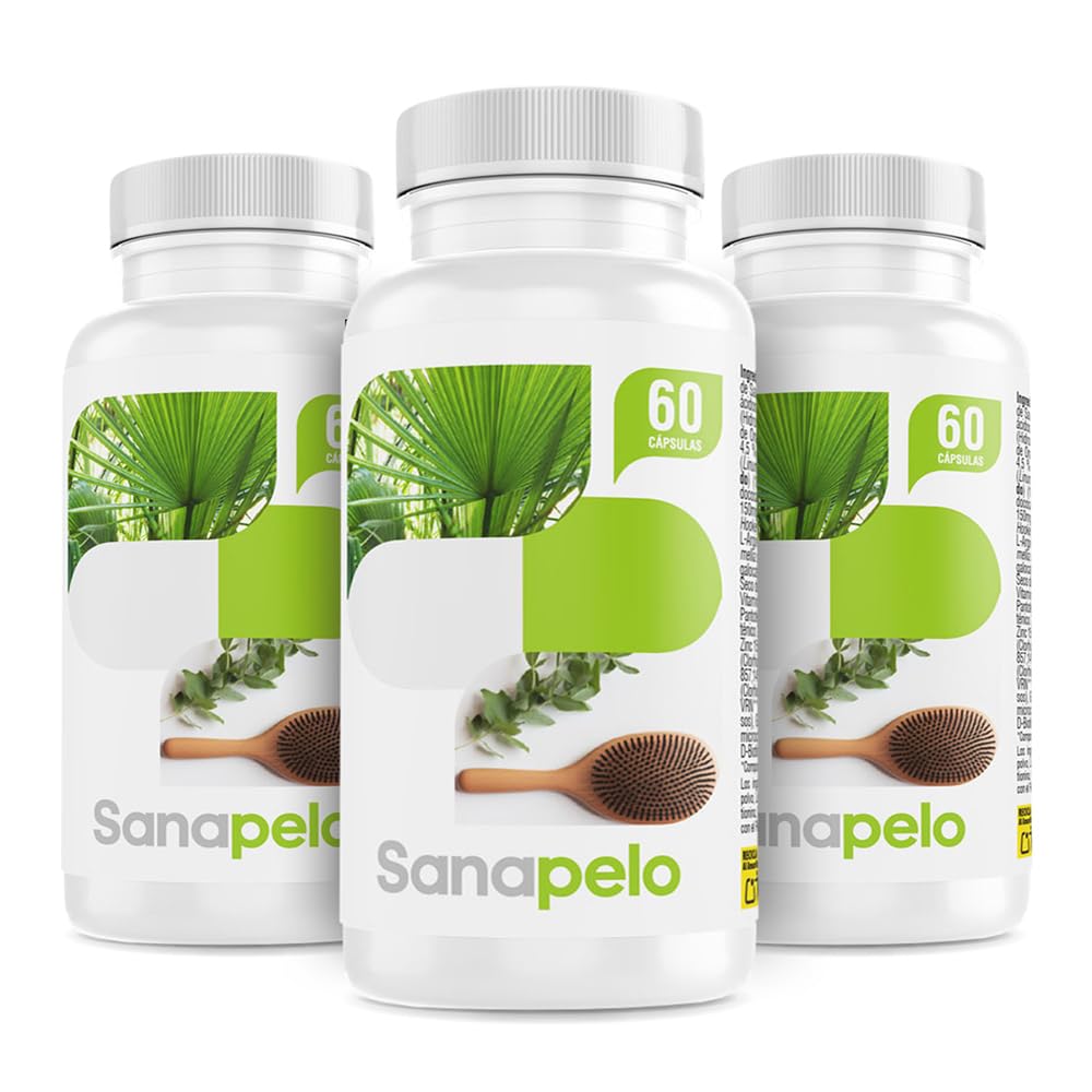 Sanapelo–Cápsulas Anticaída pelo|Con Saw Palmetto,Biotina,Zinc | Pygeum Africanum,Té verde-Ayuda a fortalecer el pelo,evitar la caída y mejorar la circulación-SANACAPS(3 Botes)
