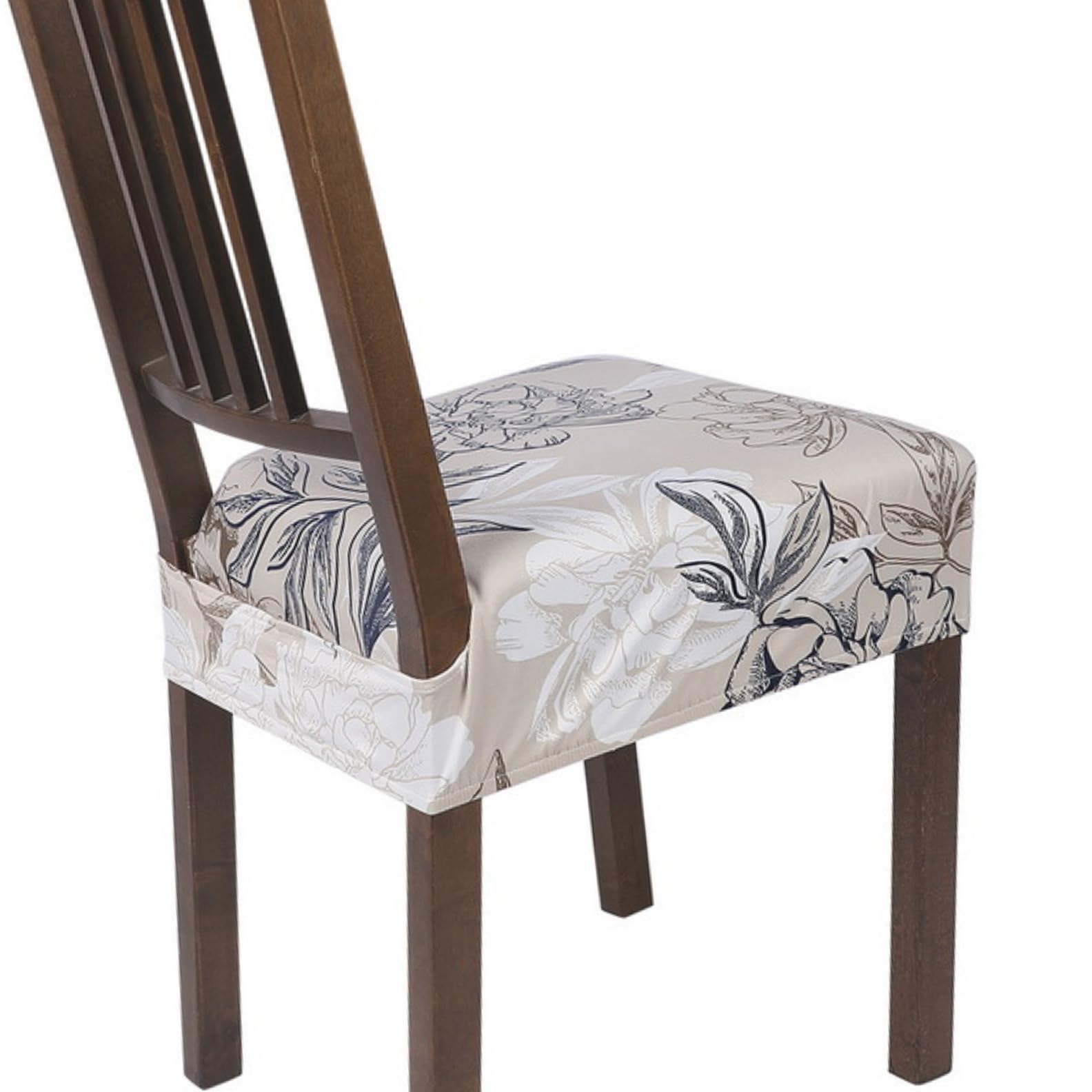 SearchI Stretch Dining Chair Seat Covers Set of 4, Soft Removable Washable Seat Covers for Dining Chairs, Dining Room Seat Cover Slipcover Protector (Rear-Covered, Beige and Blue Flower) — image 1