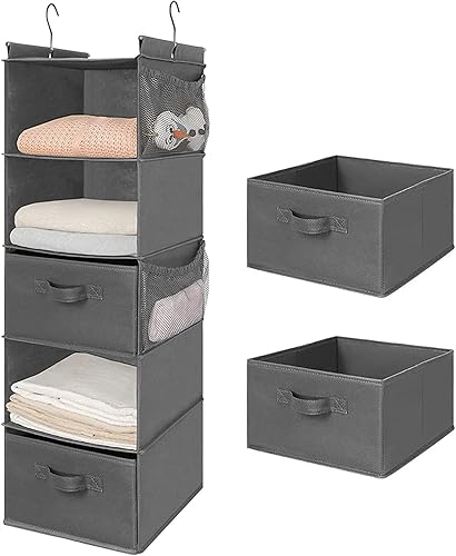 MAX Houser Organizador colgante de armario de 5 niveles, estante colgante de tela con 2 ganchos resistentes para almacenamiento, plegable (gris-D2)