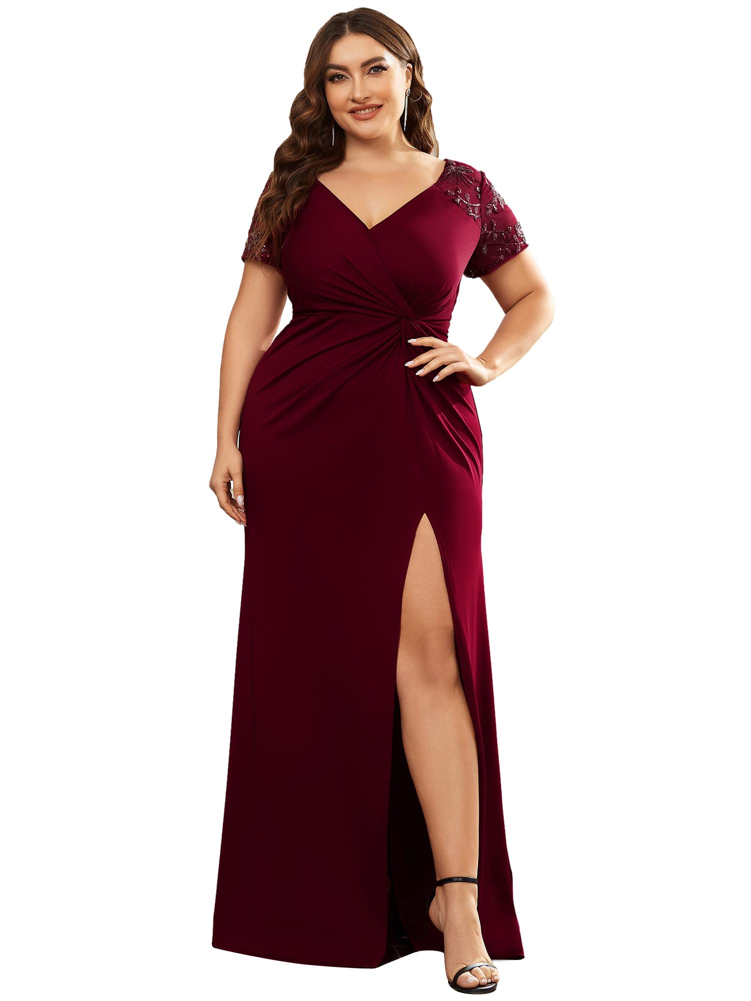 Ever-Pretty PlusWomen's Double V-Neck Sequins Pleated Formal Dresses Plus Size Dresses for Curvy Women 01669-DA