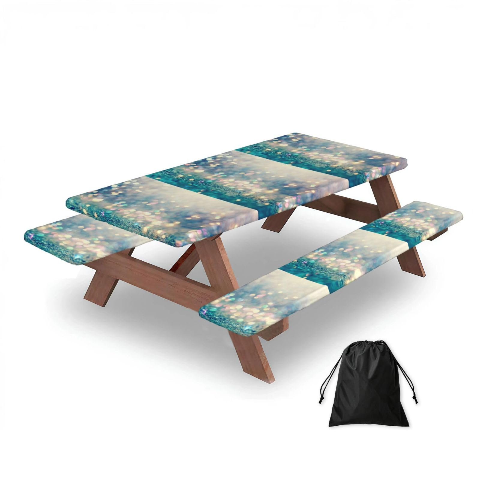 Dopklna As Picture Blue Golden Bokeh Glitter Polka Dots Glitter, Picnic Table Cover With Bench Covers -Waterproof Elastic Fitted Tablecloth For Garden Camping Patio 76X152cm