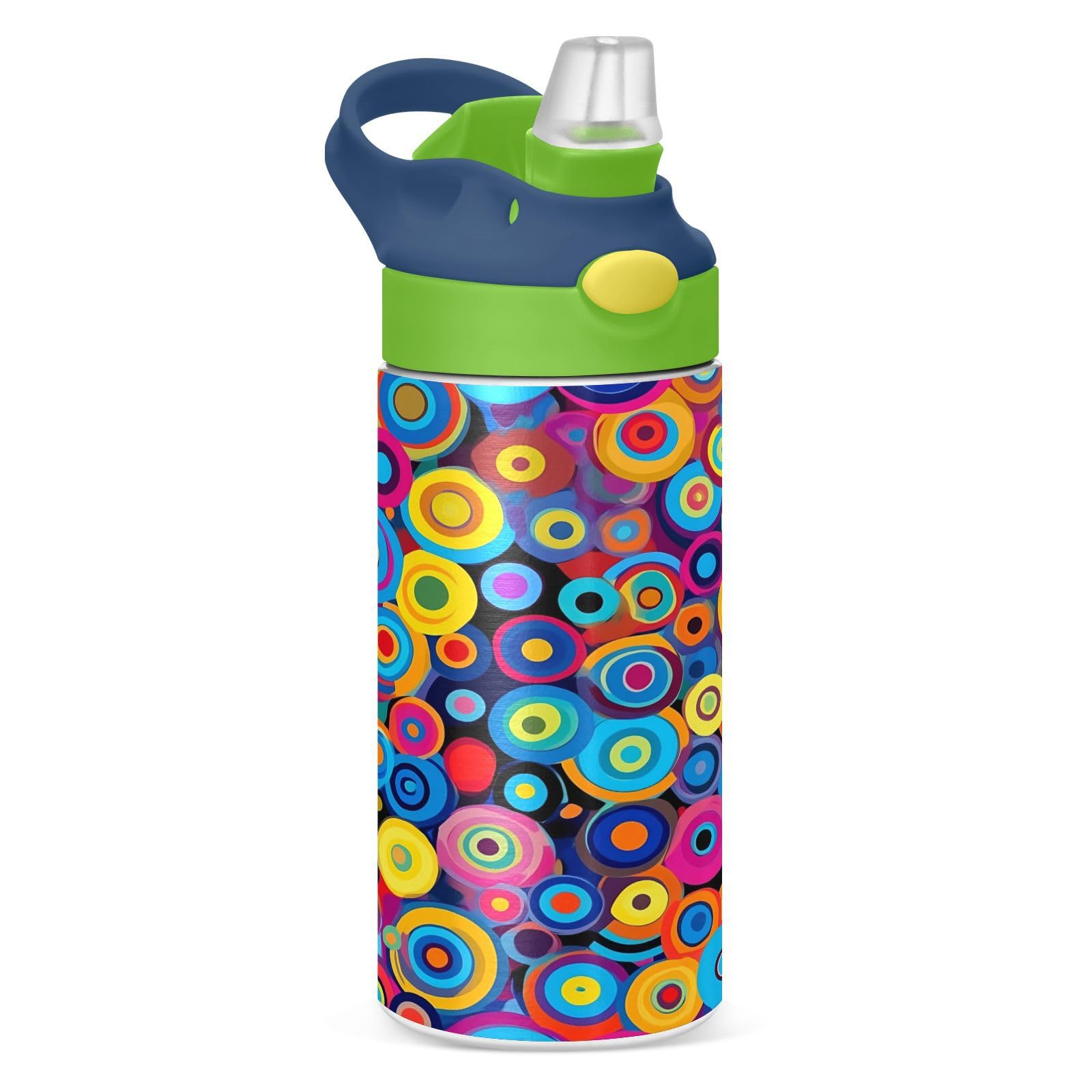 CEBUGI Colorful Circles Water Bottles Leak-Proof kids water bottle with straw 12 Oz Vacuum Insulated water bottle stainless steel for Boys Girls