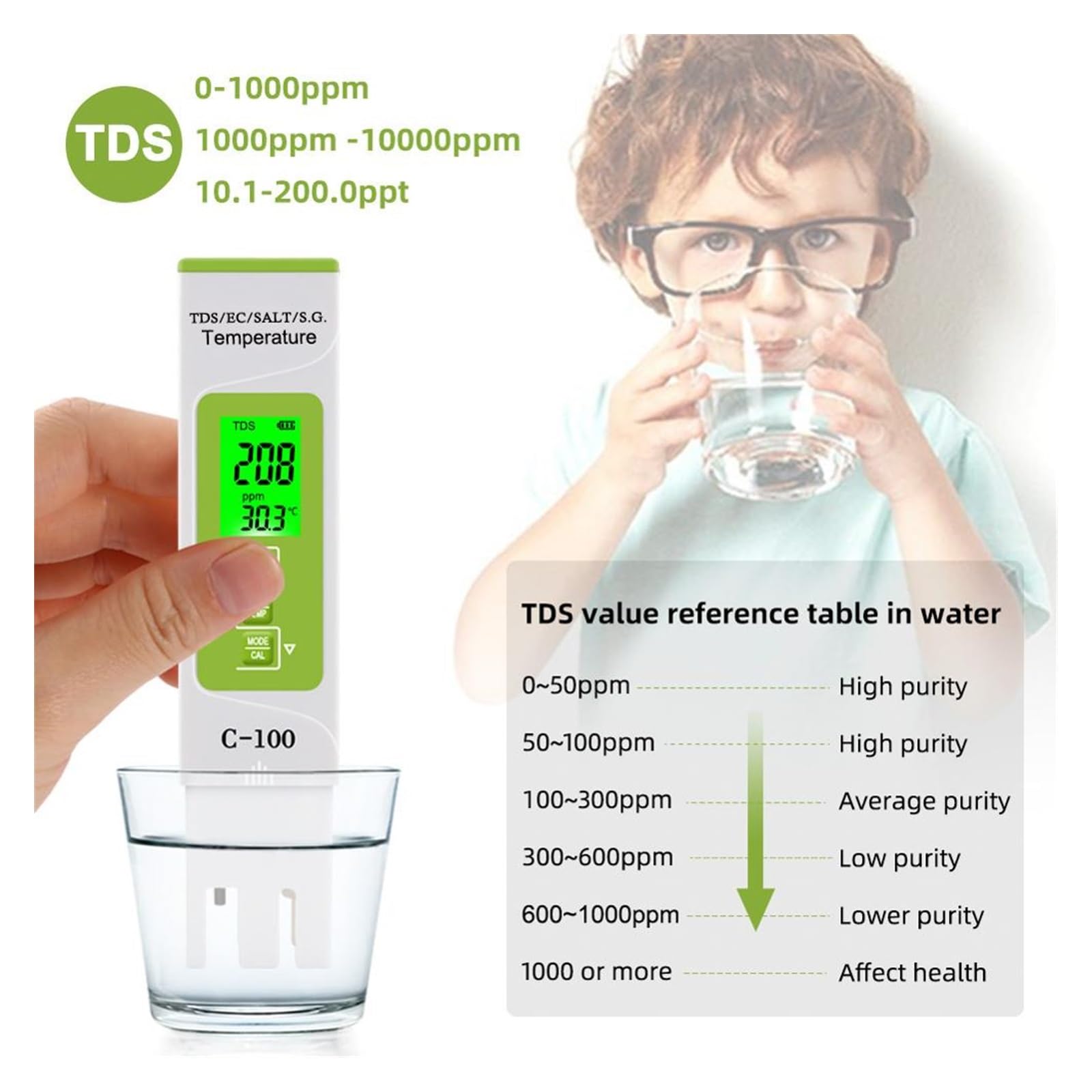 Testeur de qualité de l'eau 5 en 1 TDS/EC/salinité/SG/température, Type Stylo Portable, ph-mètre for Aquarium et Piscine(TPH01601)