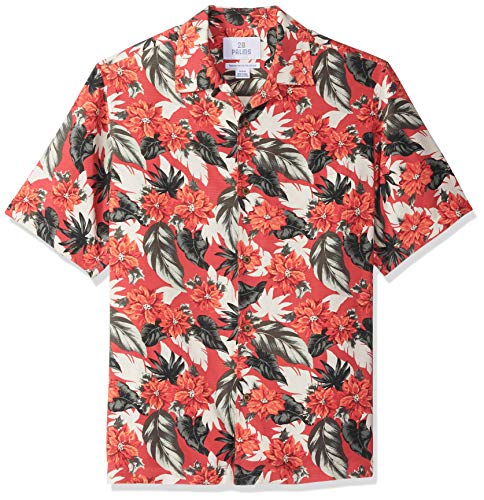 28 Palms Men's Relaxed-Fit 100% Silk Tropical Hawaiian Shirt, Holiday Poinsettia, Large