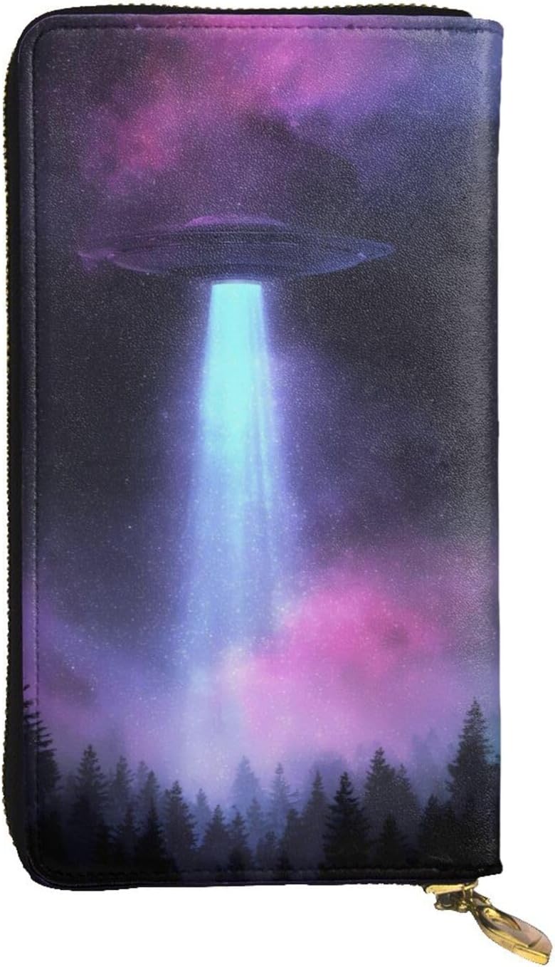 Retro UFO Forest Hand Held Wallet with Zipper Leather Waterproof Unisex