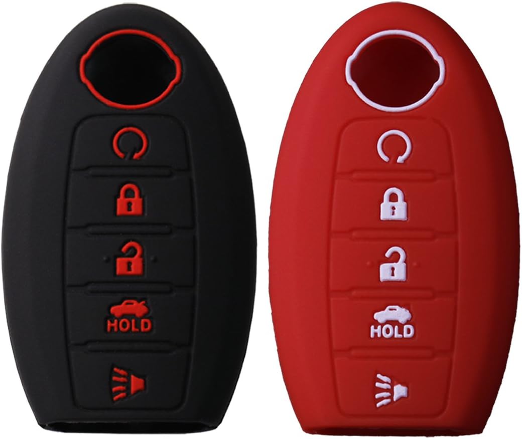 2Pcs Keyless4U 5 Buttons Silicone Key Fob Case Cover Jacket Holder Protector for Nissan Altima Maxima Armada Murano Rogue Sedan Pathfinder (Black Red)