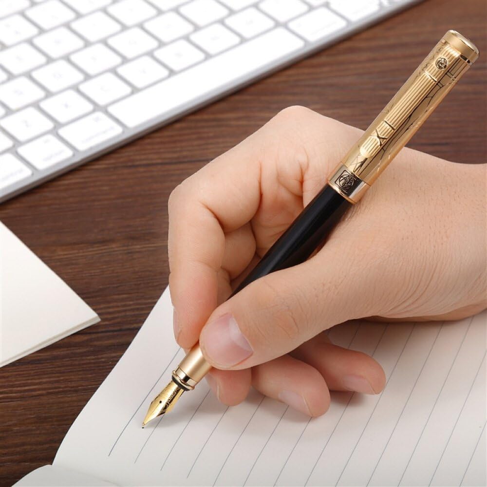 Lanxivi Picasso 24K Gold Plated Cap Fountain Pen Medium Nib Point, Awesome Apperance, Black Barrel Collection Signature Gift Pen