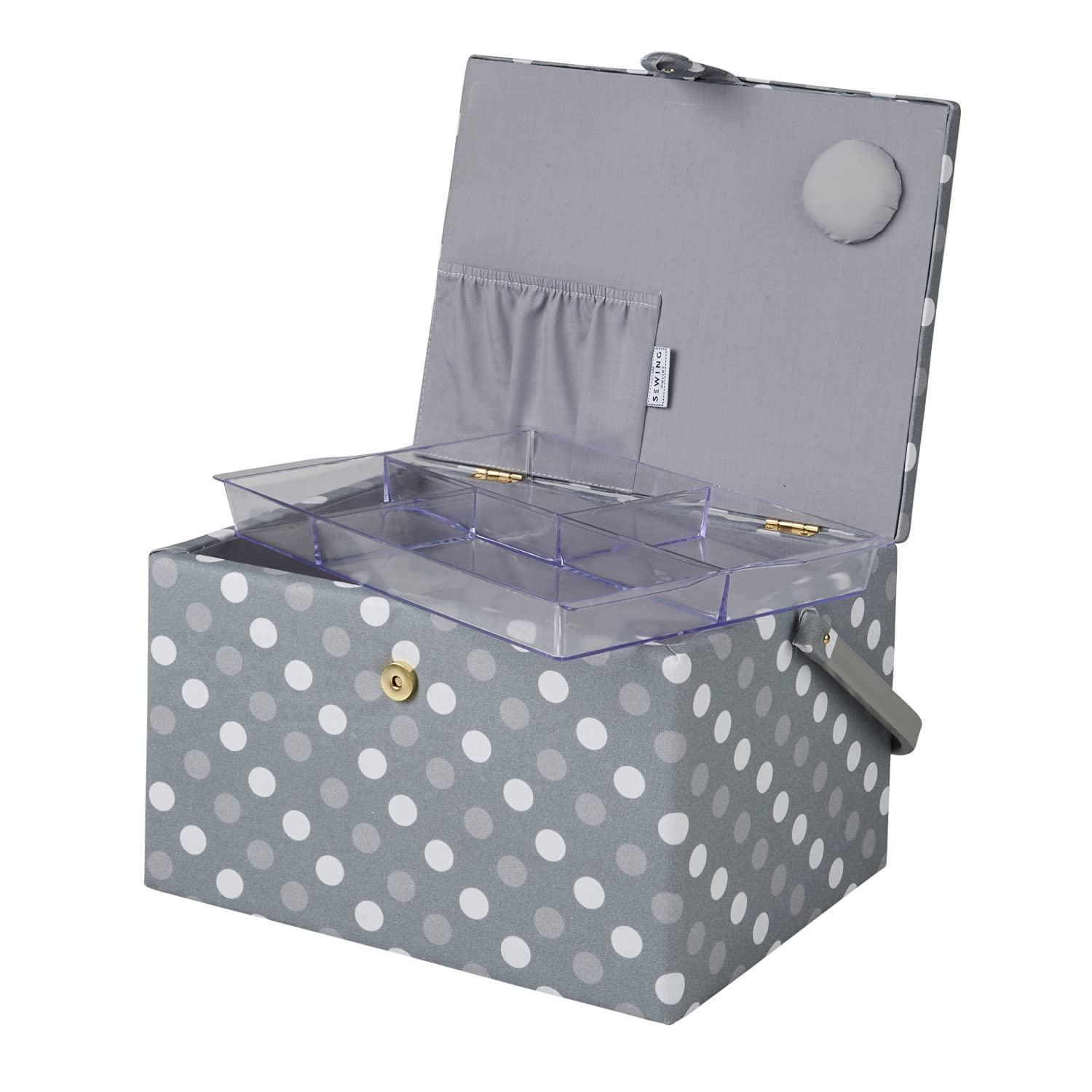 Sewing Online Duże pudełko do szycia, szare plamki | 31 x 23 x 20 cm | Koszyk do przechowywania i organizowania z przegrodami na przybory do szycia, akcesoria, nici, igły i nożyczki - GA1129L