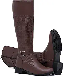 Bota Montaria Feminina Cano Alto, Couro Sintético, Antiderrapante, Salto Quadrado, Zíper Lateral, Moderna