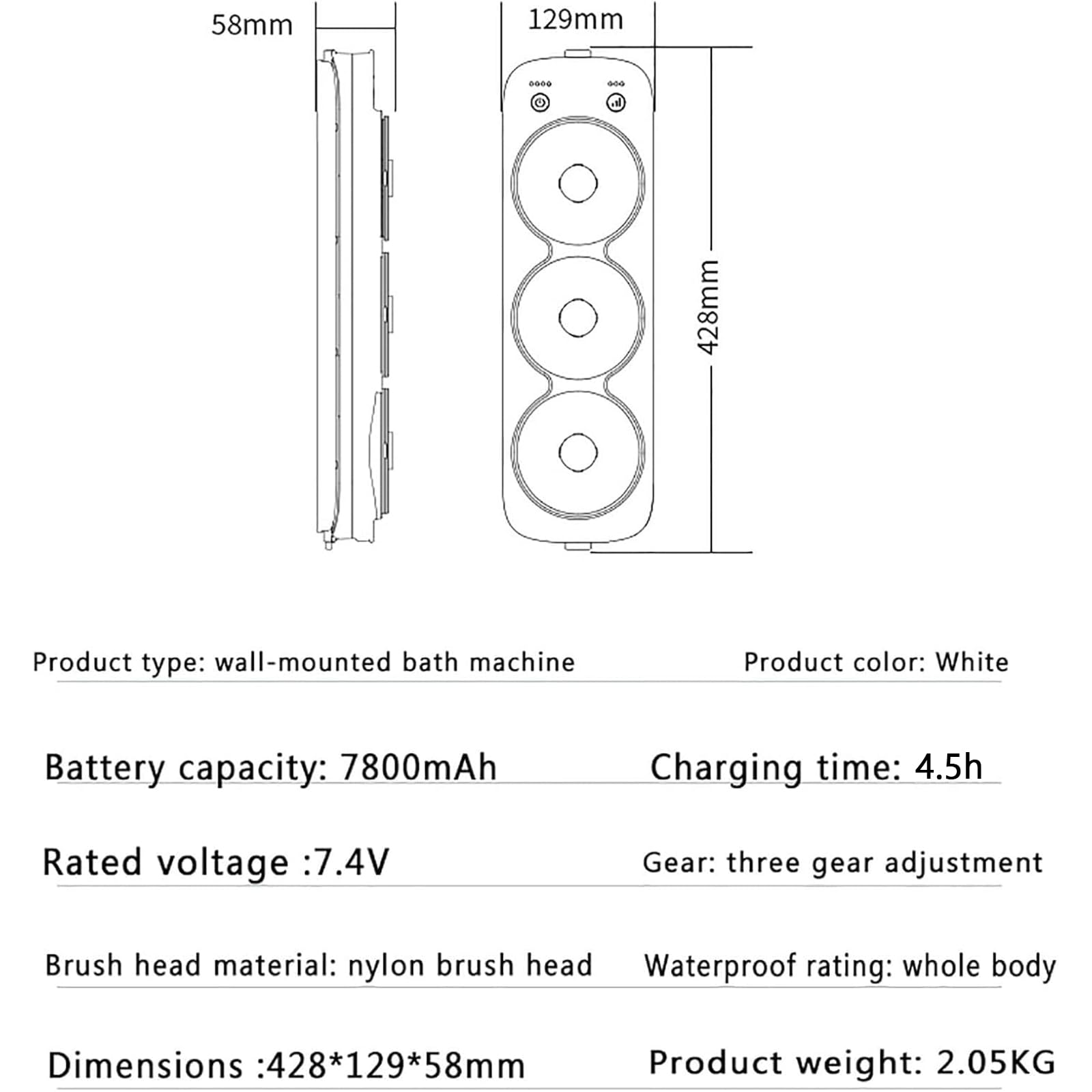 Automatic Shower Back Scrubber Wall Mounted, Wall Mounted Electric Shower Back Scrubber with 3 Heads, Height Up Down 64cm & 3 Intensity Adjustable, IPX7 Waterproof, for Cleaning, Relaxing