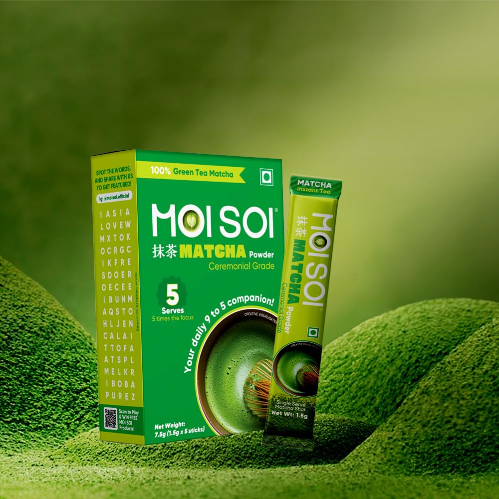 Moi Soi Matcha Green Tea Powder | 100% Pure Ceremonial Grade | Rich Umami Flavour | 1.5g x 5 Sticks | Pack Of 1