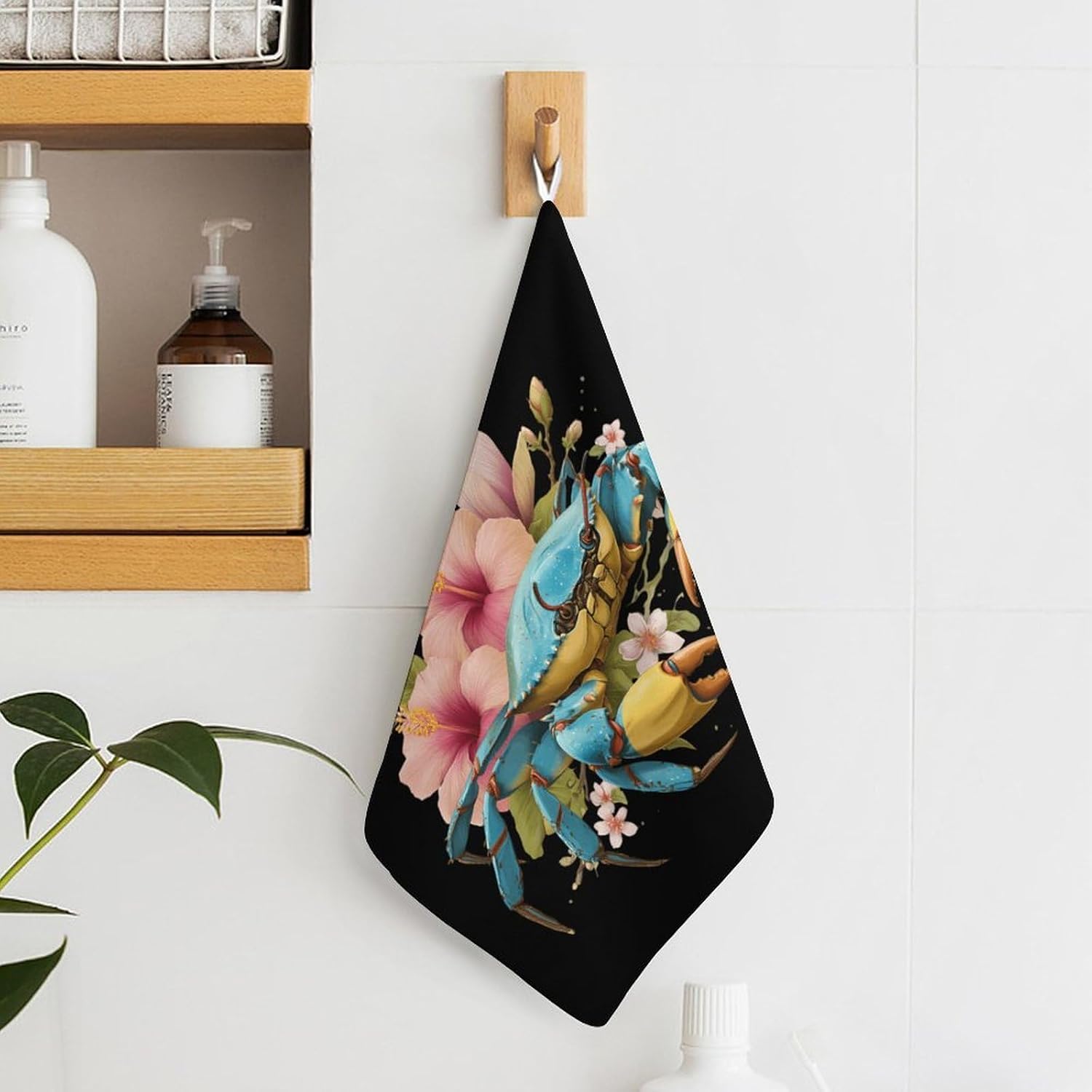 Crab Flower Microfiber Hand Towels for Bathroom Soft Absorbent Bath Kitchen Towel with Hanging Loop 4PCS