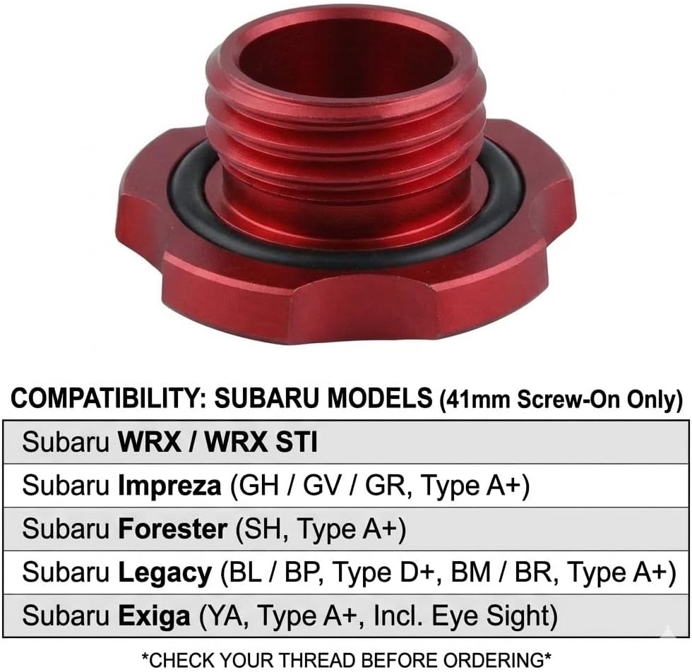Available Aluminum Alloy Engine Oil Filler Cap for Subaru STI WRX GC GD GF GM GG GE Tank Covers Auto Replacement Parts (Red 1) | CNC Aluminum Alloy | 41mm Thread Size | Prevents Oil Leaks | For Subaru WRX STI Forester Legacy | Red Anodized Finish