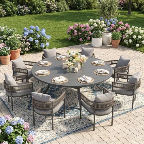 Image of VICLLAX Patio Dining Set for 8-63 inch Round Table & Cushioned Seats, Grey