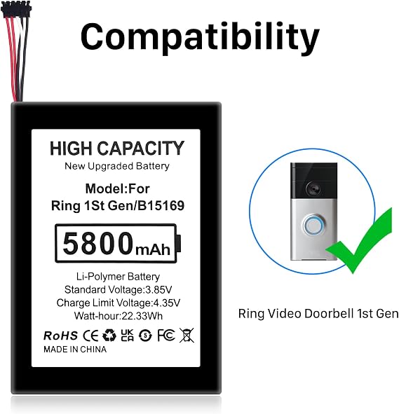 B15169 Battery,[ 5800mAh ] Replacement Battery for Ring Video Doorbell 1st Gen (Not Compatible with Doorbell2 / Pro/Elite Generation)
