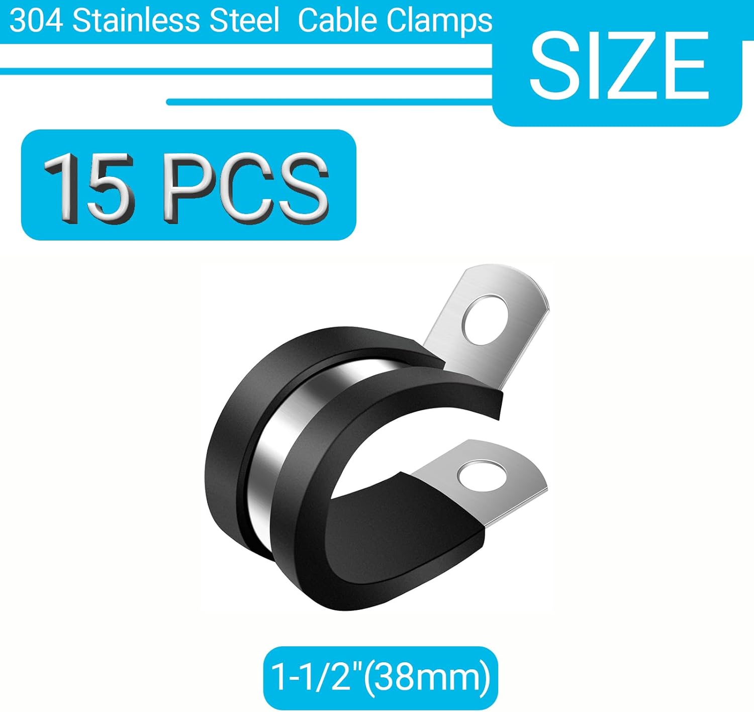 15PCS 1.5 inch Cable Clamps,38mm 304 Stainless Steel Pipe Clamps,Rubber Coated P Clamps,Automotive Cable Wire Clamps,Metal Clamp for Tube,Lines,Wire Cord Installation