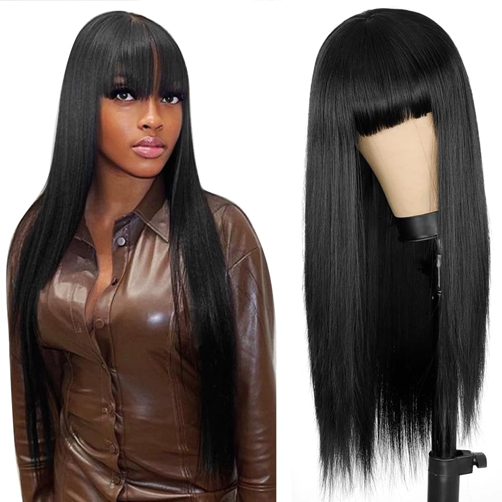 Niawigs Silky Straight Human Hair Wigs with Bangs for Black Women 1.5 Inches Hand Tied Top Wig Thick and Full Density 180% 24 Inches Black Color