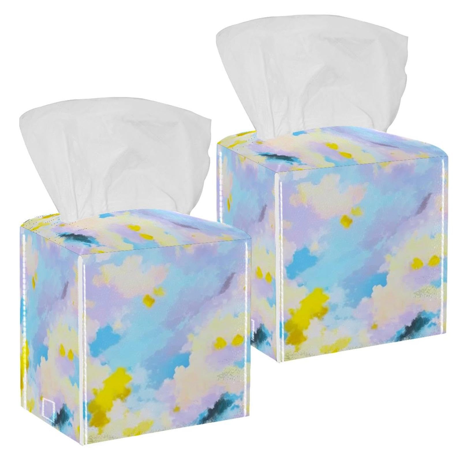 Art Clouds Tissue Box Cover, 2 Pack PU Leather Square Facial Tissue Dispenser Box holder for Home Office Car