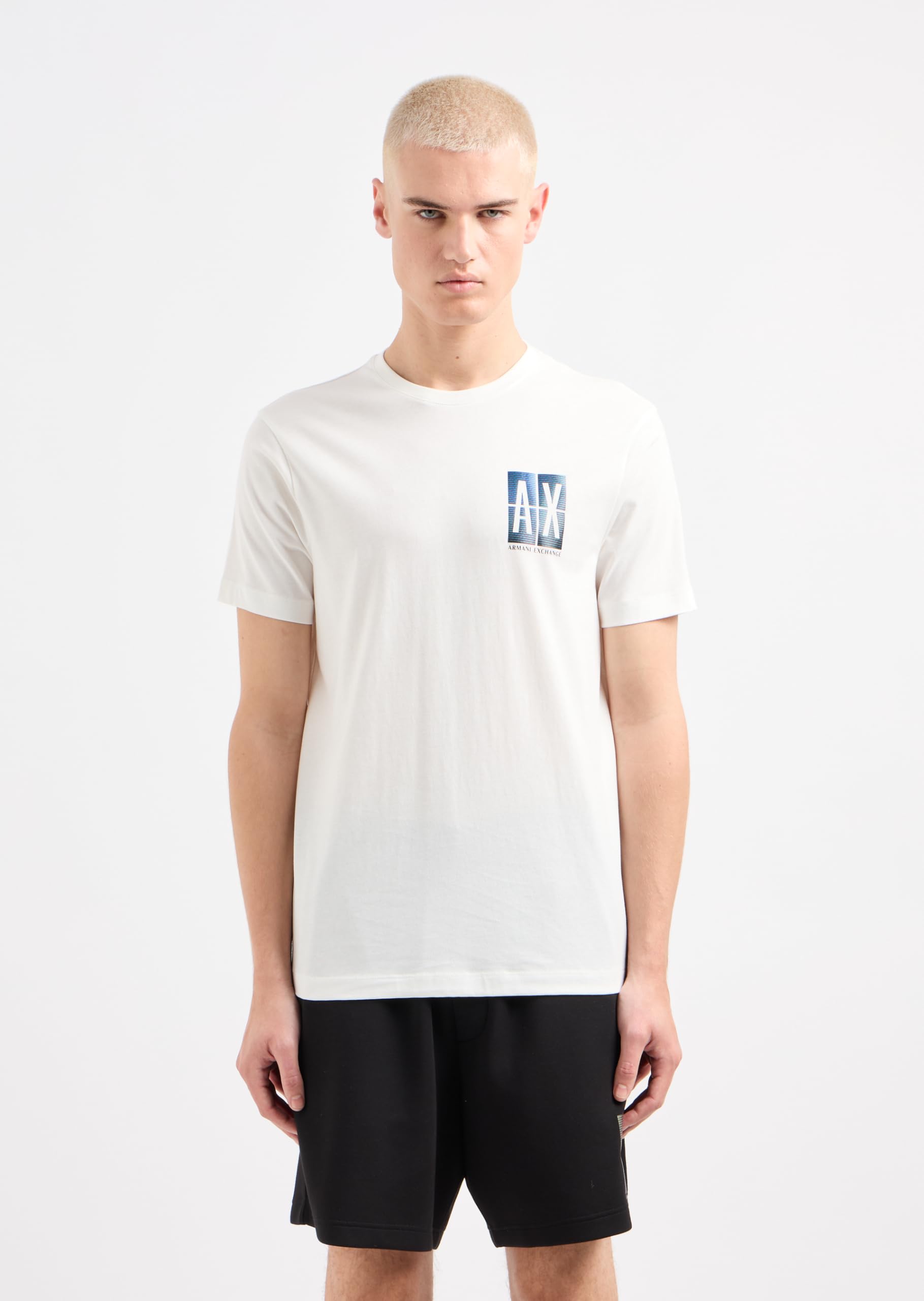 A|X ARMANI EXCHANGE Męska koszulka z bawełny o regularnym kroju w małej klatce piersiowej Gradient Box Logo koszulka, złamana biel, XS, Złamana biel, XS