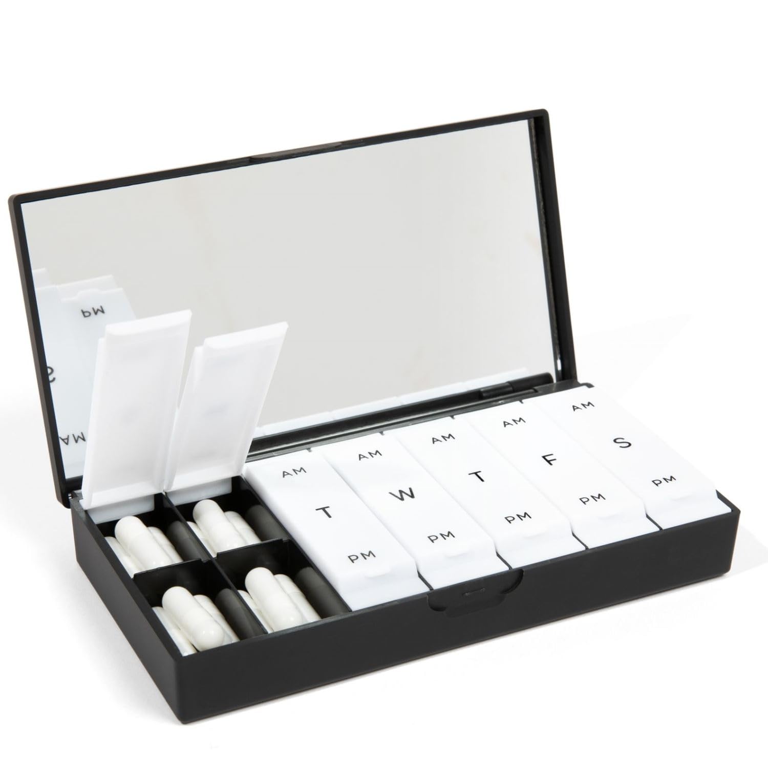 PORT X POLISH Designer Weekly Pill Box Organizer (AM/PM 2X Daily, Classic Black) | Compact, Stylish 7-Day Vitamin Supplement Case | Cute Portable Mini