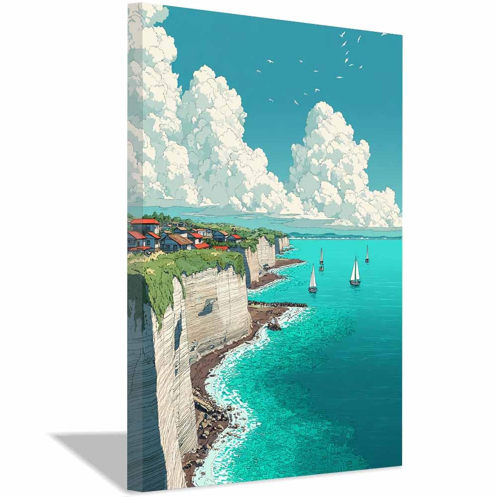 HOQIU Natural scenery wall art Anime Cliffside Village decorative painting, wall art, for Living Room Bathroom Bedroom Kitchen Decoration.(Multicolor)-60x80cm Framed