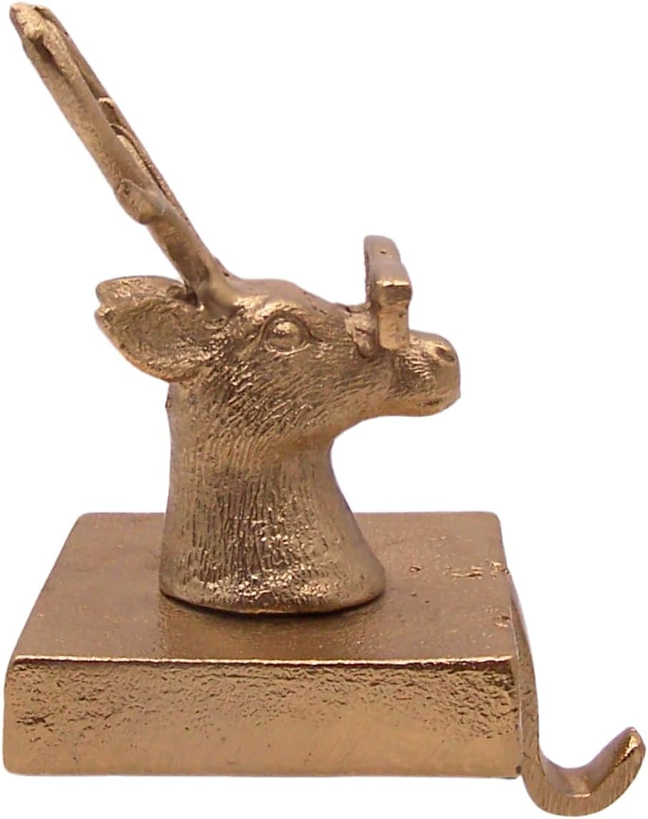 Golden Toned Reindeer Wearing Sunglasses Christmas Stocking Holder, Festive Stocking Holder for Mantle, Holiday Home Decor, 7 Inches Tall