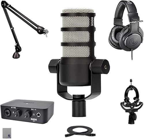 Rode Podcast Studio Bundle con Rode PodMic, interfaz de audio Ai1, brazo de pluma PSA1, GFW-MIC-SM1855 Universal Shockmount, auriculares ATH-M20x
