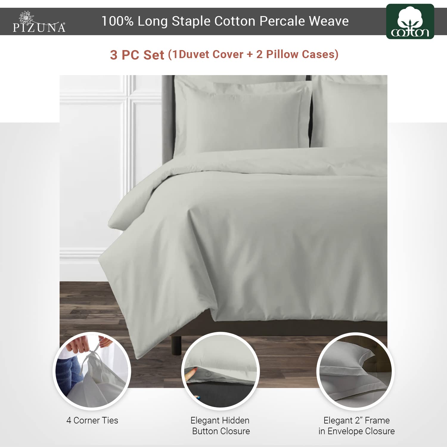 Pizuna Cotton Percale Duvet Covers King Size Silver, 100% Long Staple Combed Cotton King Duvet Cover 230x220cm - Image 3