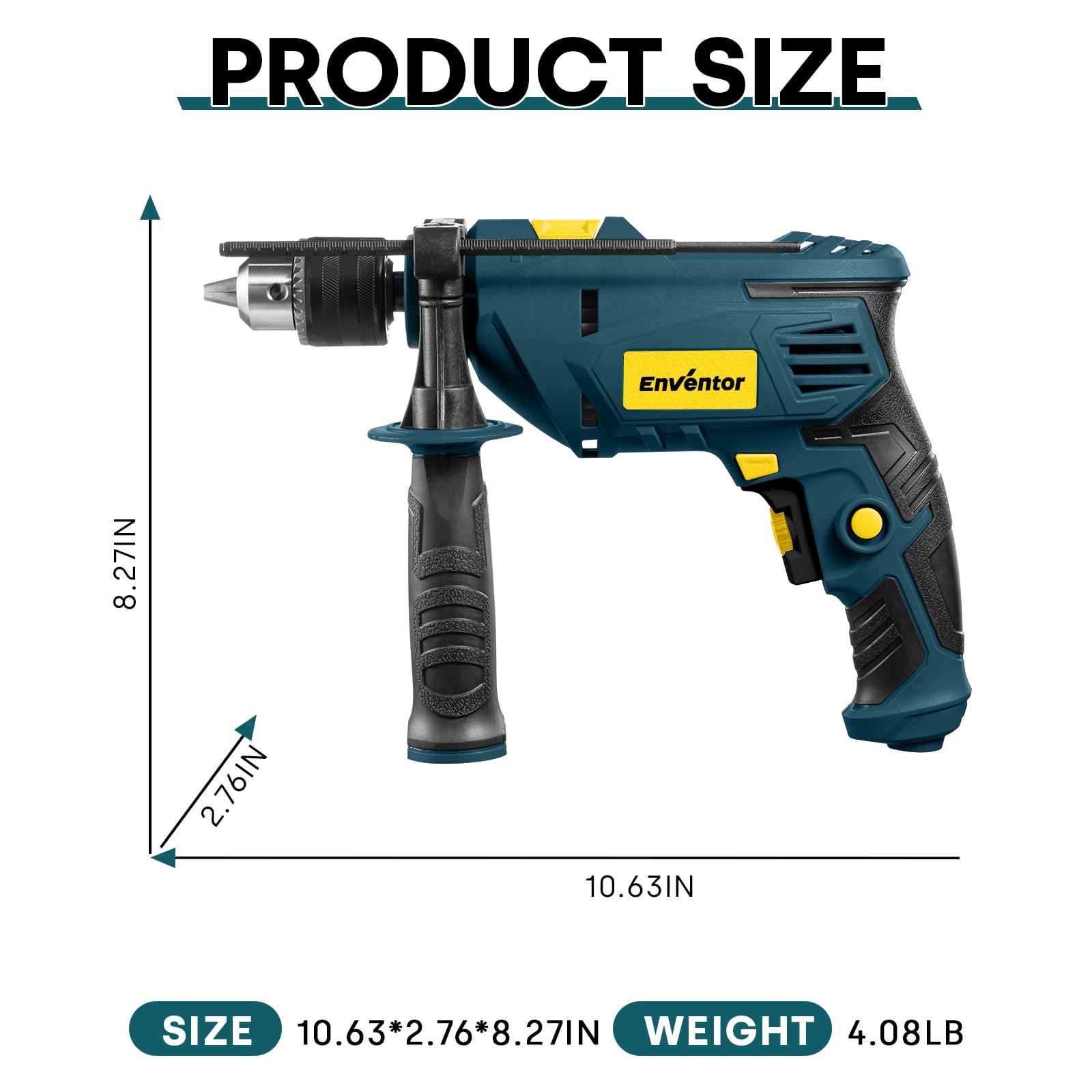Enventor 7.5 Amp Hammer Drill, 1/2 Inch Electric Drill Hammer, 900W 0-3000RPM Variable Speed, 360° Auxiliary Handle, Lightweight Corded Hammer & Drill 2 in 1 with 9pcs Bit for Metal, Wood, Blue