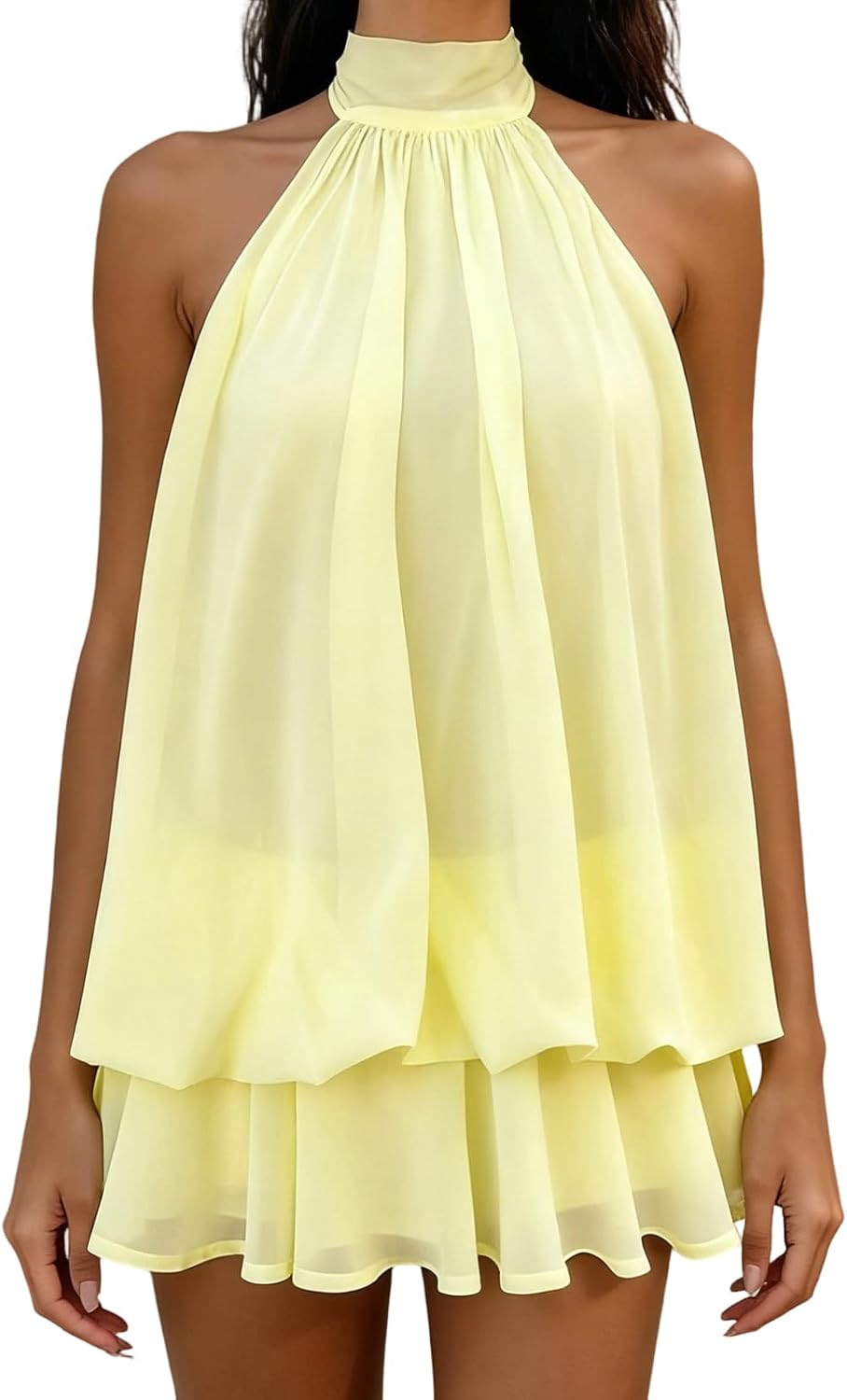 Women’s Trendy Halter Mini Dress Chiffon Ruffle Low Back Flowy Going Out Dress for Summer Cocktail Birthday Party