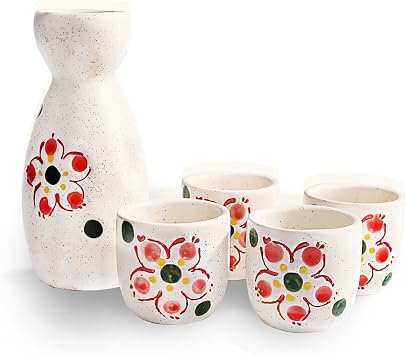Japanese Ceramic Sake Set with Sake Bottle and 4 Sake Cups, Elegant Floral Porcelain Set for Hot or Cold Sake, Saki Drinkware for Home, Restaurant