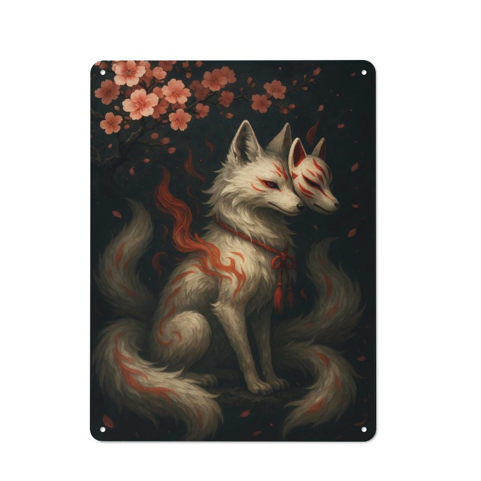 Junmoney Style-1 Workshop Style Kitsune With Mask And Cherry Blossoms Decorative Metal Plaque 40X30cm, Workshop Wall Decor For Garage, Hobby Room, Office Or Man Cave