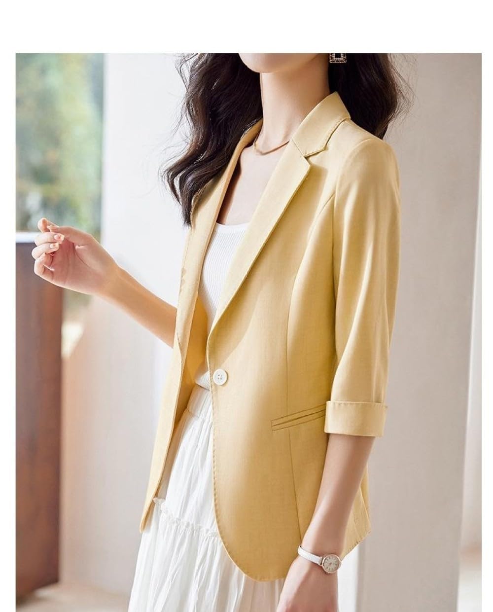 Blazer Damen Sommer,Hellgrüner Blazer Für Damen, Lässiger Cardigan Mit Offener Vorderseite, 3/4-Arm, Gerollte Ärmel, Frühling, Sommer, Dünne Arbeitsjacken, Büro, Business, Tunika-Oberteil, Ta