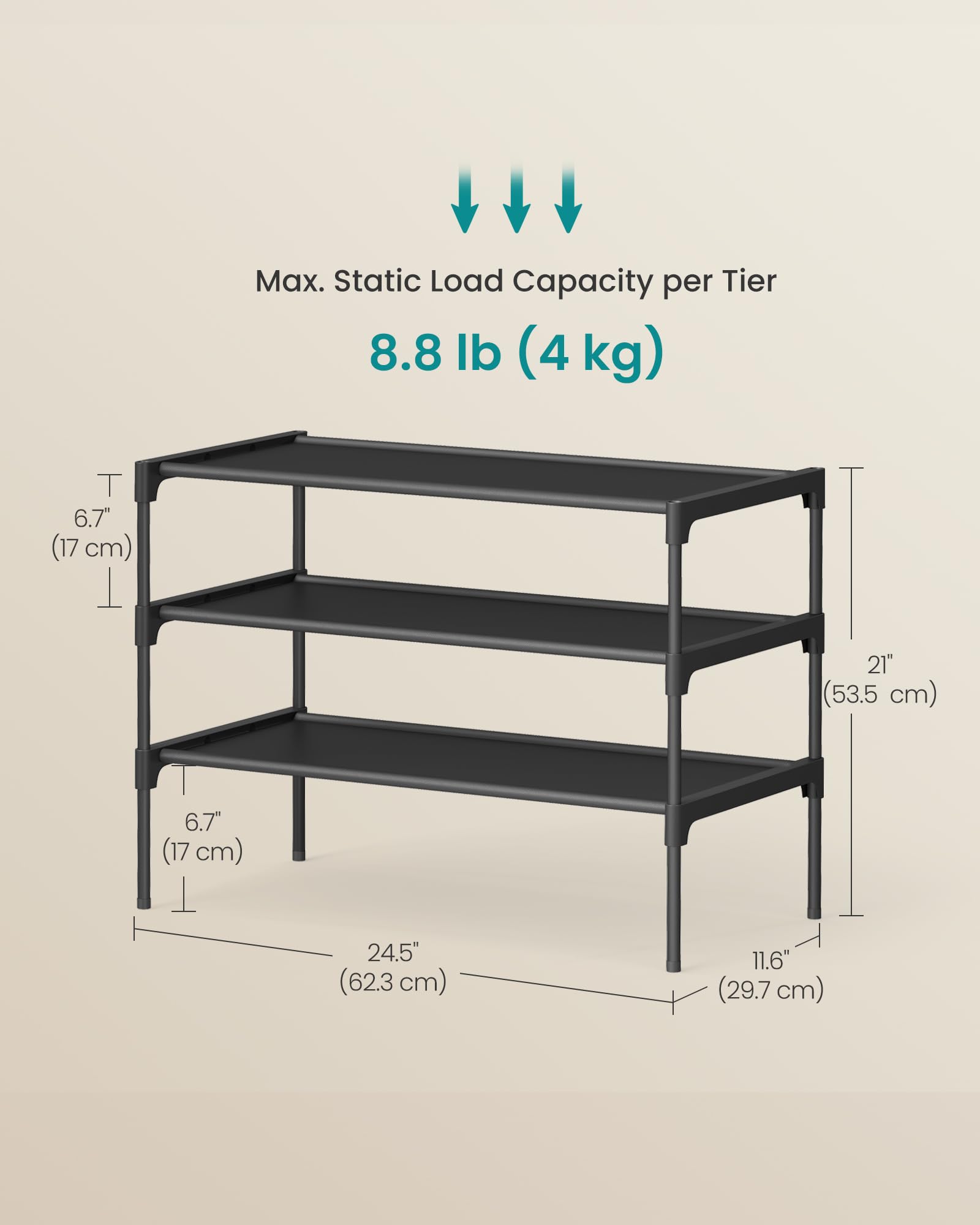 SONGMICS 3-Tier Shoe Rack, Shoe Storage Organiser, Hallway, Space-Saving, 29.7 x 62.3 x 53.5 cm, Metal Frame - Image 3
