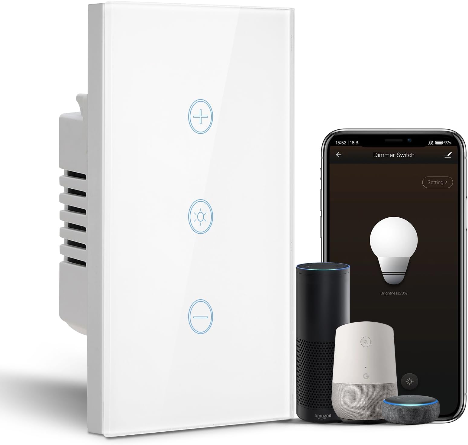 BSEED Dimmer Switch, 2.4GHz Smart Dimmer Light Switch Compatible with Alexa and Google Home, Neutral Wire Required, Touch Single Pole Dimmer Switch for Lamp, Remote Voice Control, White