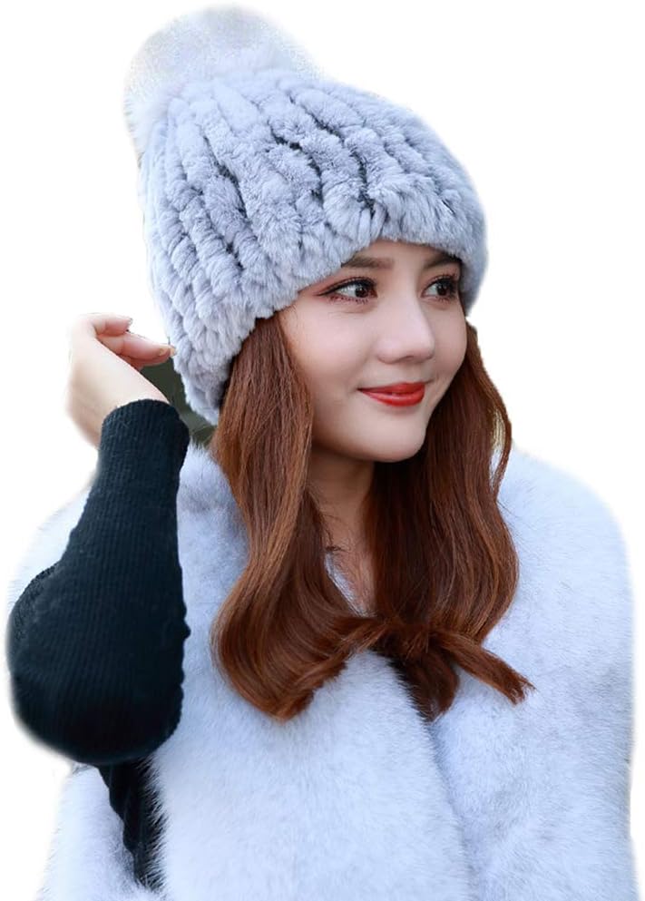 Women's Real Rex Rabbit Hair Hat with Pompom Vertical Stripe Winter
