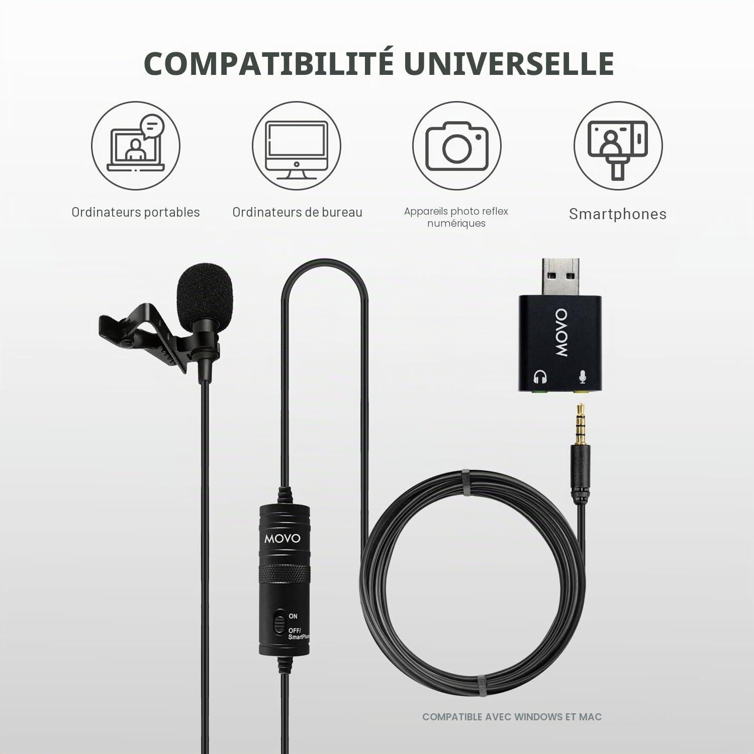 Microphone Universel Lavalier USB Movo pour Ordinateur avec Adaptateur USB Compatible avec Les PC et Les Mac, Smartphones, appareils Photo, podcasting, Microphone Portable (Cable de 6 mètres)