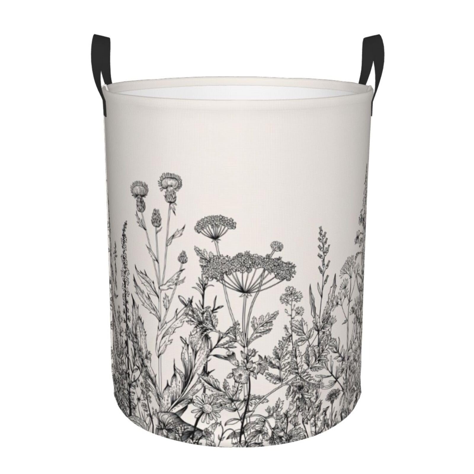 M Collapsible Round Floral Herbs Botanical Engraving Print Laundry Hamper