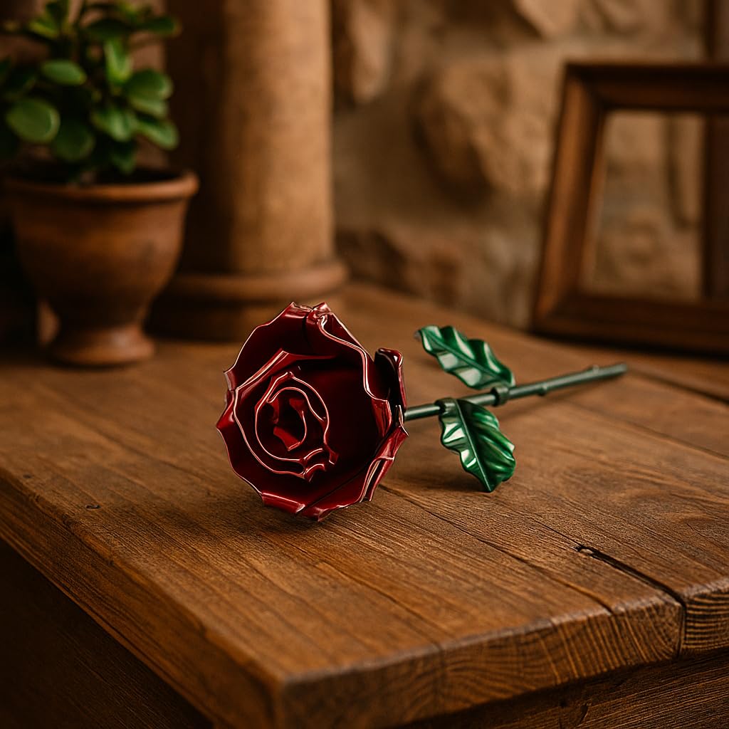 Forging Art Bcn® Rosa Eterna de Hierro Forjada a Mano - Regalo Día de la Madre, San Valentín, Bodas de Hierro (6 Aniversario) (Roja/Verde sin Base)
