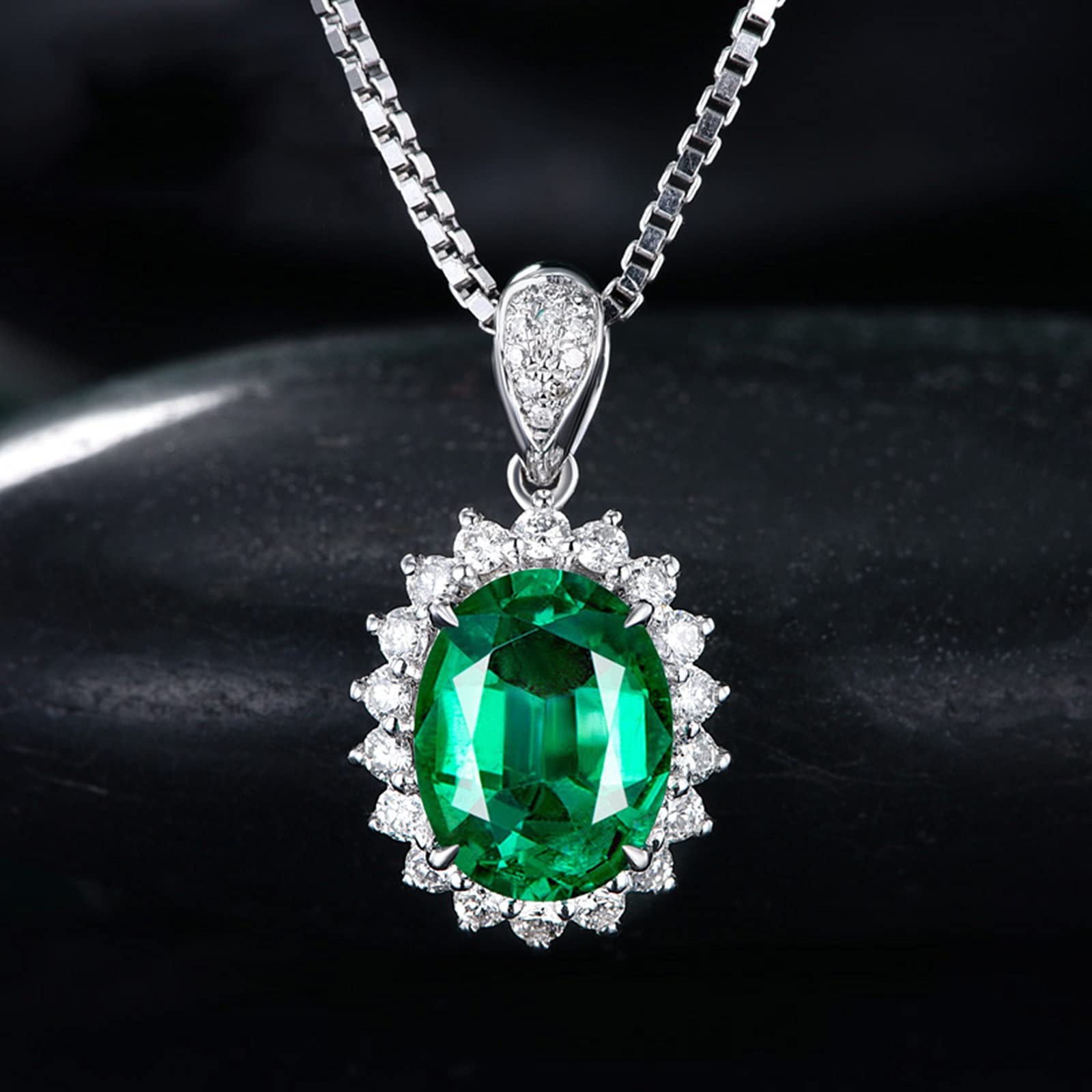 Delicado Collar para Mujer, Flor con Esmeralda Ovalada creada en Laboratorio de 1 quilate/2 Quilates de Oro de 18 Quilates/Plata de Ley 925, Collares con Colgante para niñas, Regalo para el día de la