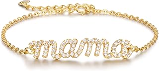 Mothers Day Gifts Mama Bracelet for Women 24K Real Gold Filled 925 Sterling Silver Gifts for New Mom, Mom Bracelets for Women Birthday Gifts for Mom from Daughter, Mama Gifts Charm Bracelets for Stepmom Mothers Day Gifts, Women Dainty Jewelry for Mom
