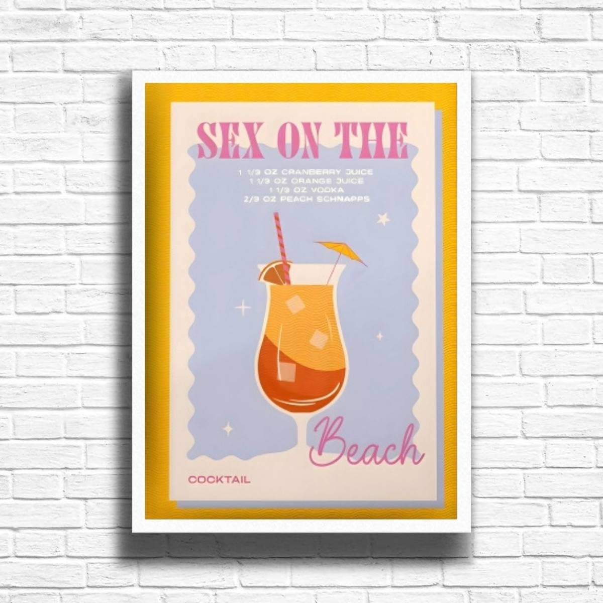 Sex On The Beach - Vintage Cocktail Print, Home Bar Art Display - Retro Bar Decor for Home, Kitchen, Lounge - Ideal Poster for Cocktail Lovers, A4 A3 Home Decoration Wall Art Deco (A4 Framed (White))
