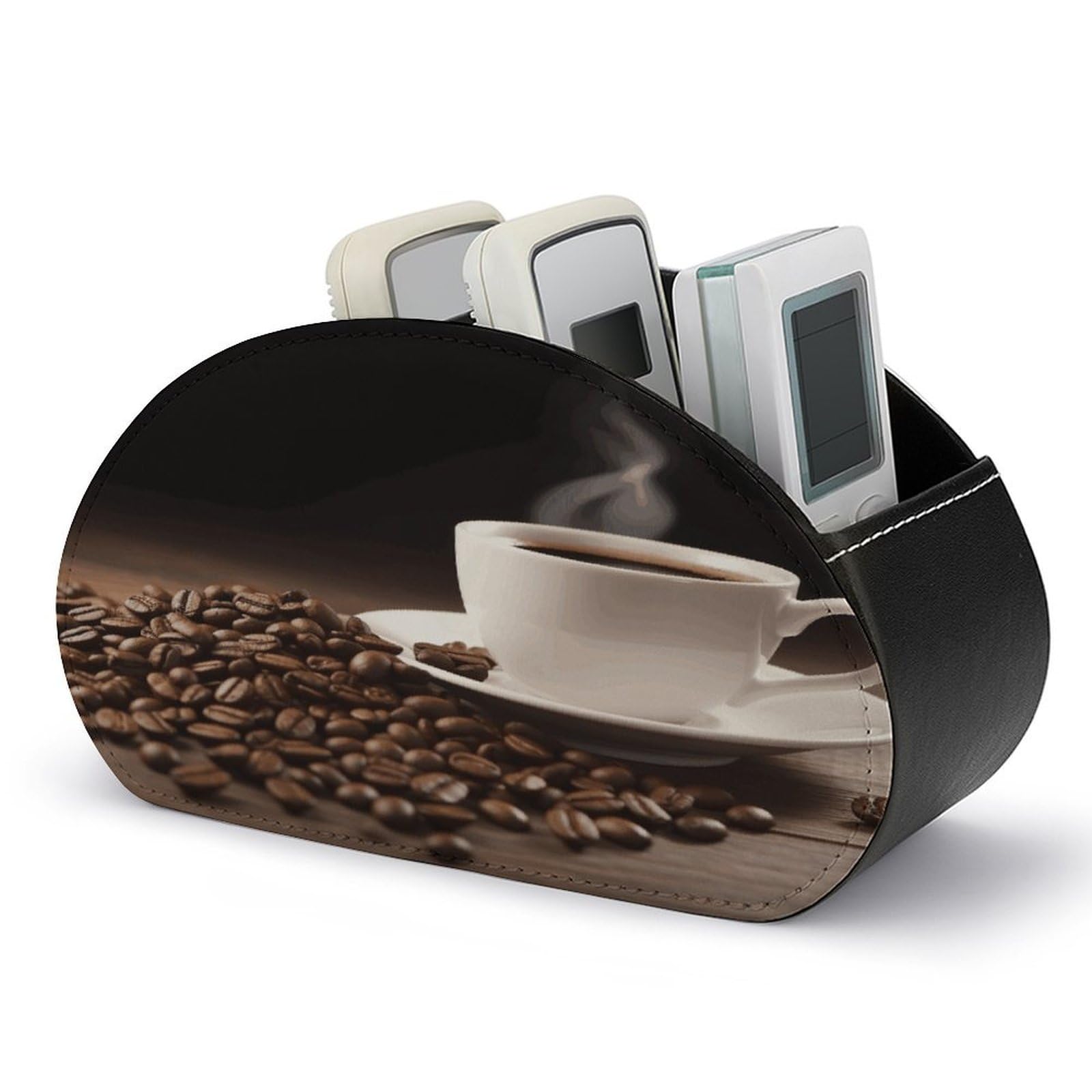 VstaDank Coffee Cup And Coffee Bean Remote Control Holder with 5 Compartments PU Leather Remote Caddy Desktop Organizer Store TV Remote Control Storage Box for Home Office Desk Nightstand