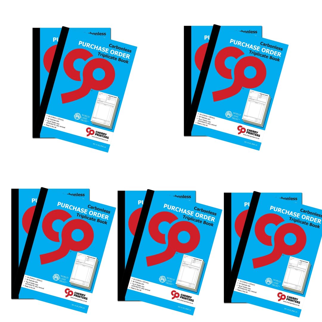Cherry Printers Carbonless Purchase Order Triplicate Book A4 | 3 Part NCR Order Book | 50 Sets | Perforated Easy Tear Copies | Purchase Order Forms for Business Office Self Employed **10 Pack**