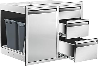 Outdoor Kitchen Door Drawer Combo Cabinet 28" W x 22" H x 19.5" D Stainless Steel Built-in Triple Drawers&Left Trash Drawer Combo Cabinet for Outdoor Kitchen Island, Patio Grill Station